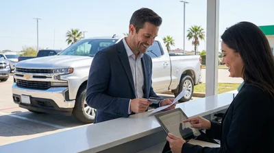 Close up of a customer paying with a credit card at a car hire counter in Texas
