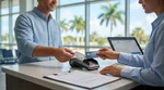 Close-up of a person holding two credit cards at a Florida car hire counter