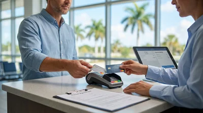 Close-up of a person holding two credit cards at a Florida car hire counter