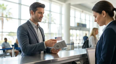 Tourist showing a German driver's license to an agent at a car rental counter in Florida