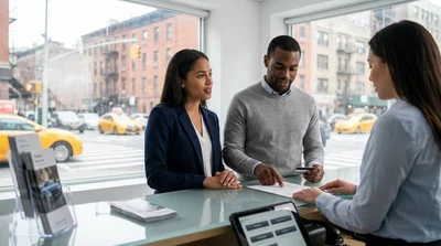 Customer reviewing paperwork with an agent at a New York car hire counter