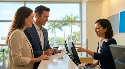 Close up of a person handing a credit card to an agent at a Florida car hire desk