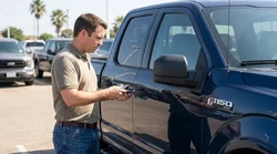 Person holding a key fob next to a modern vehicle at a car rental lot in Texas
