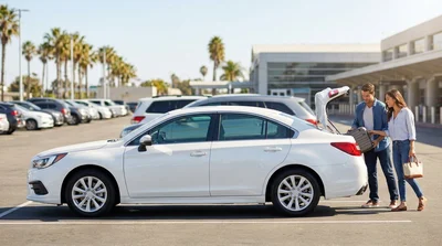 Full-size sedan car rental driving along a scenic coastal highway in sunny California