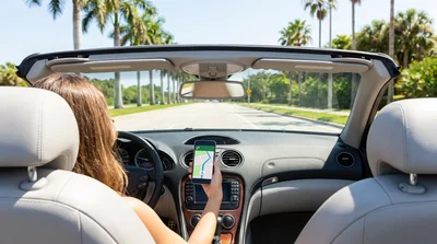 Smartphone displaying a map app on the dashboard of a car rental in sunny Florida