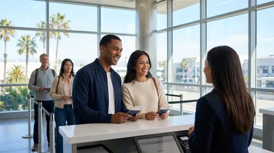 Passengers waiting in line at a car rental desk at LAX Airport in Los Angeles