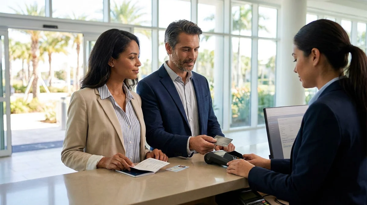 Traveler handing a credit card and documents to an agent at a car hire desk in Miami