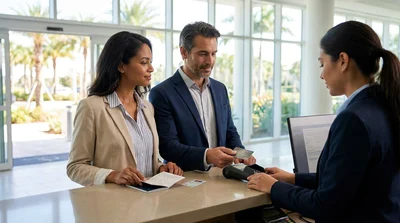 Traveler handing a credit card and documents to an agent at a car hire desk in Miami
