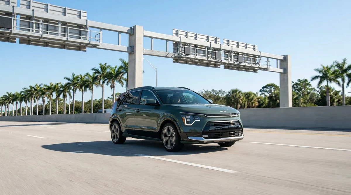 Red car rental driving under an electronic toll gantry on a sunny Florida highway