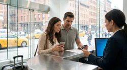 Customer handing a credit card to an agent at a New York car rental counter
