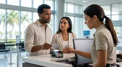 Customer handing a credit card to an agent at a Miami car hire desk
