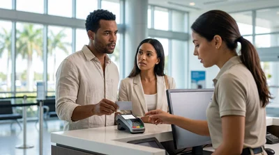 Customer handing a credit card to an agent at a Miami car hire desk