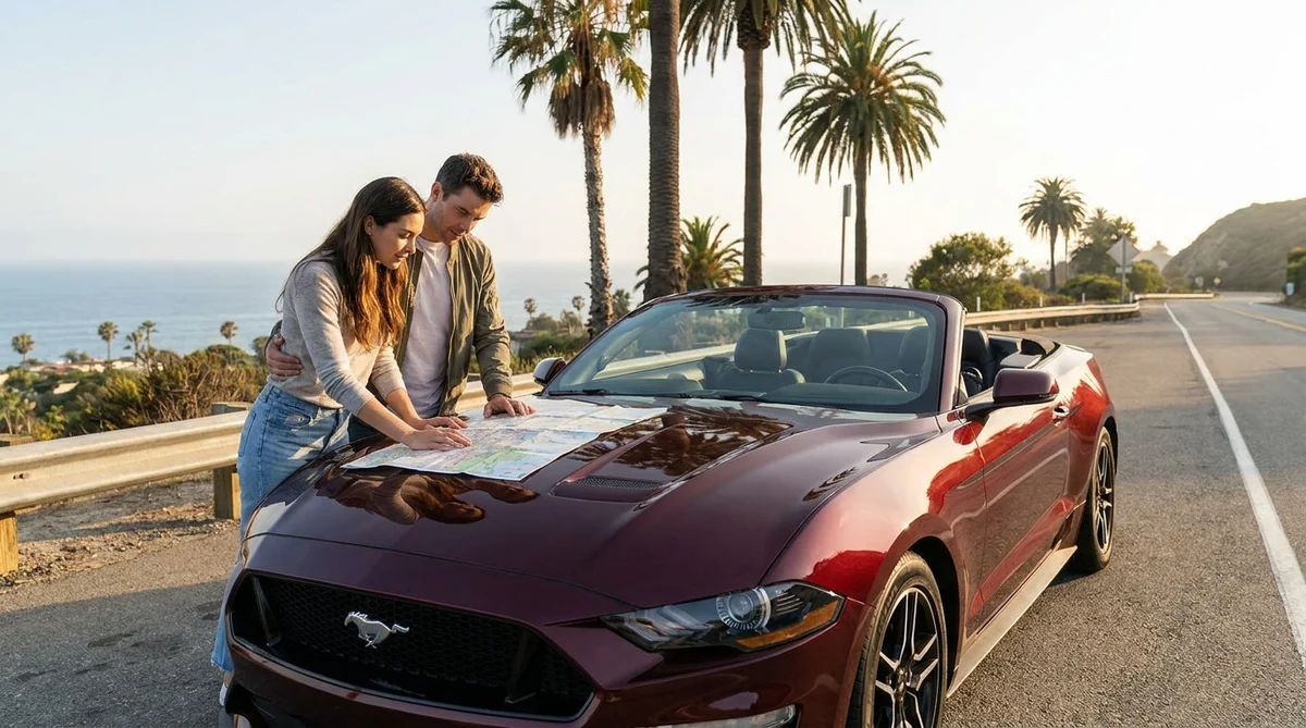 A white car rental driving along a scenic coastal highway in California beside the ocean