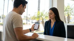 Person holding a smartphone inside a car rental vehicle on a scenic California road