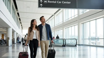 Travelers with luggage waiting at a car rental counter inside San Francisco airport