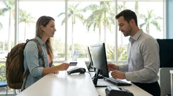 Close up of a hand passing a Discover credit card to an agent at a Florida car hire counter