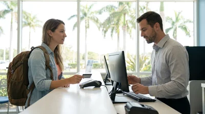 Close up of a hand passing a Discover credit card to an agent at a Florida car hire counter