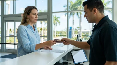 Traveler handing a passport to an agent at a car rental desk in Florida