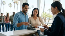 Customer handing a credit card to a clerk at a car rental counter in California
