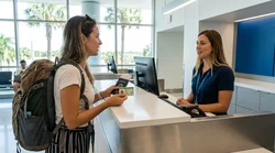 Person handing a driver's license to an agent at a car rental desk in Florida