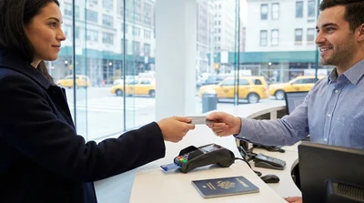 Person paying with a credit card at a New York car rental counter