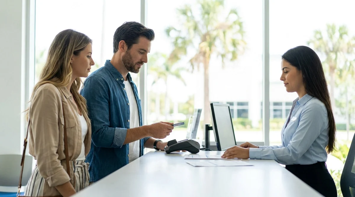 Customer handing a credit card to an agent at a Florida car rental desk