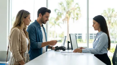 Customer handing a credit card to an agent at a Florida car rental desk