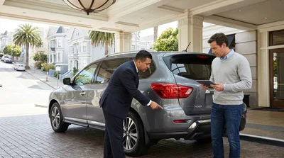 A valet handing keys to a modern car hire in front of a luxury San Francisco hotel entrance