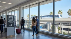 Elevated people mover train passing above a busy car rental facility in Los Angeles