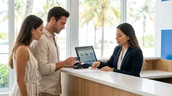 Customer handing a credit card to an agent at a car hire desk in Miami