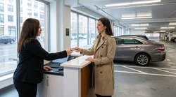 Customer handing a physical credit card to an agent at a car rental desk in New York