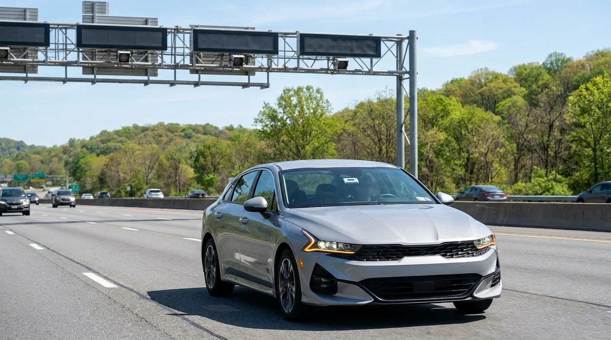 Silver car rental driving through an electronic toll booth on a sunny Pennsylvania highway