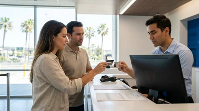 Close-up of a person holding a credit card and keys at a car hire desk in California