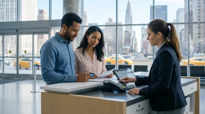 Close-up of a customer handing a credit card to an agent at a New York car rental desk