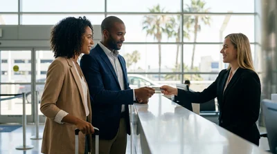 Customer paying with a credit card at a Los Angeles car rental counter