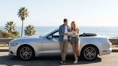Red convertible car rental driving along a scenic coastal highway in California