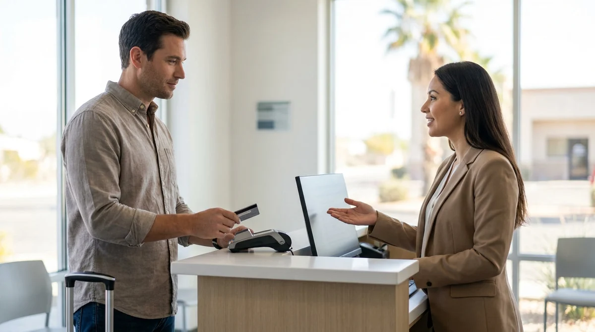 Customer handing a credit card to a car hire agent at a service counter in Texas