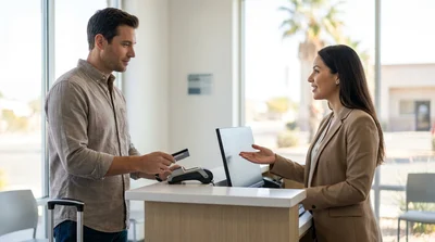 Customer handing a credit card to a car hire agent at a service counter in Texas