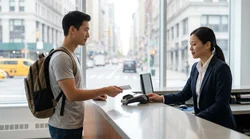 A customer hands a credit card to a clerk at a car hire desk in New York