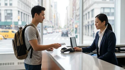 A customer hands a credit card to a clerk at a car hire desk in New York
