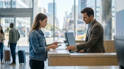 Young adult standing at a car rental desk in New York receiving vehicle keys