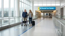 Traveler with rolling luggage on a step-free walkway heading toward a San Francisco airport car rental center