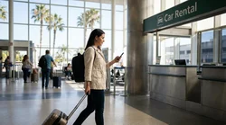 Woman holding a smartphone and car keys at a Los Angeles car rental lot