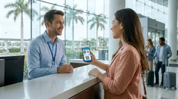 Hand holding a smartphone displaying a digital license next to a car rental vehicle in sunny Florida