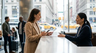 Person checking a smartphone beside a parked car rental on a New York street
