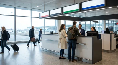 A customer with luggage approaching a shared car rental desk at a busy airport in New York