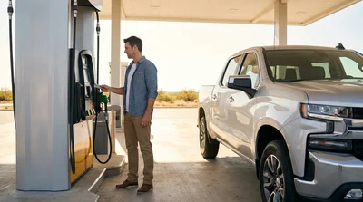 Person using a credit card at a gas pump to fuel a car rental in Texas