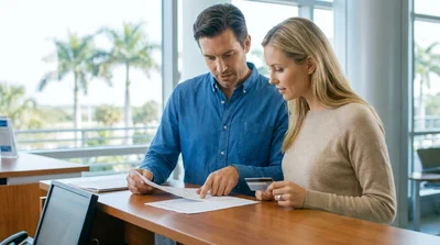 Person holding a pen over a car hire agreement document at a desk in Florida