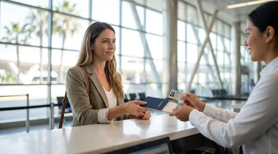 Close up of a customer handing an ID card to a car rental agent at a service desk in Los Angeles