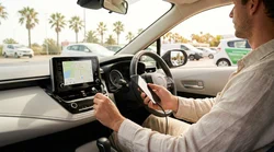 Driver connecting a smartphone to a car rental dashboard screen with sunny Florida palm trees outside